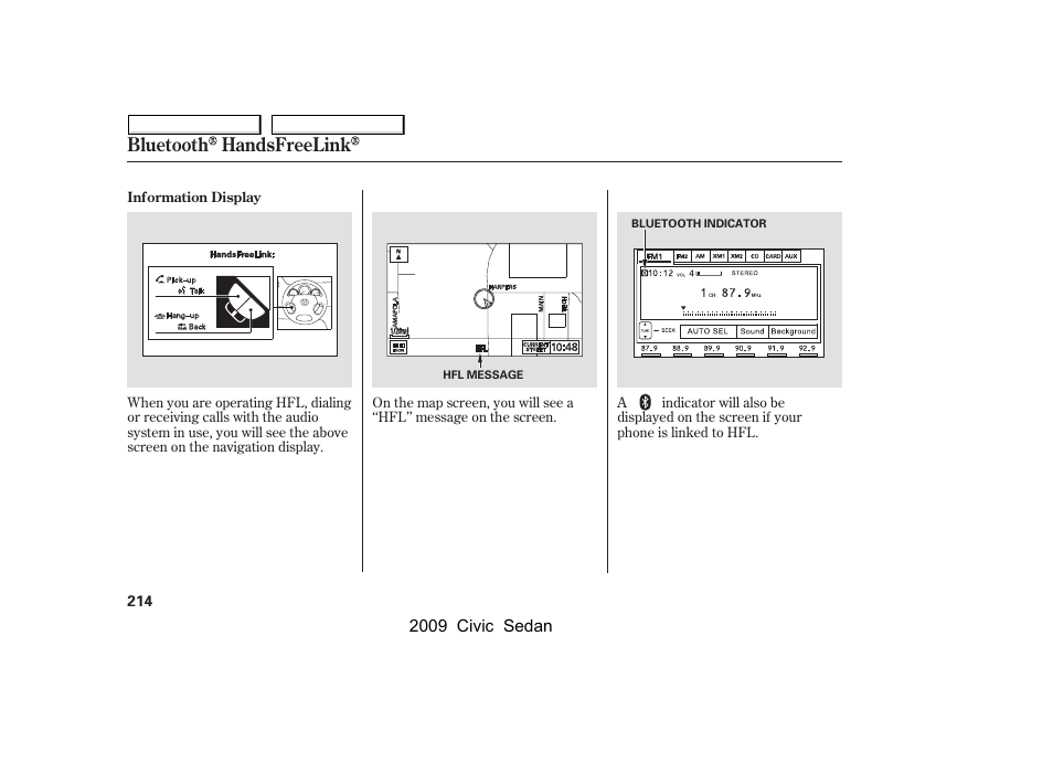 Bluetooth handsfreelink | HONDA 2009 Civic Sedan User Manual | Page 217 / 396
