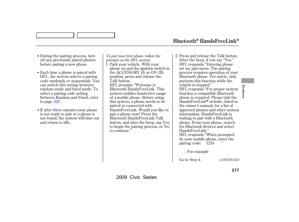 Bluetooth handsfreelink | HONDA 2009 Civic Sedan User Manual | Page 220 / 396