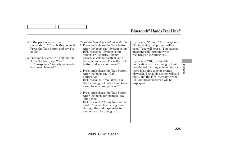 Bluetooth handsfreelink | HONDA 2009 Civic Sedan User Manual | Page 228 / 396