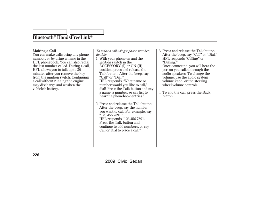 Bluetooth handsfreelink | HONDA 2009 Civic Sedan User Manual | Page 229 / 396