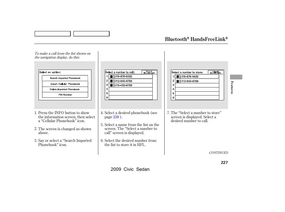 Bluetooth handsfreelink | HONDA 2009 Civic Sedan User Manual | Page 230 / 396