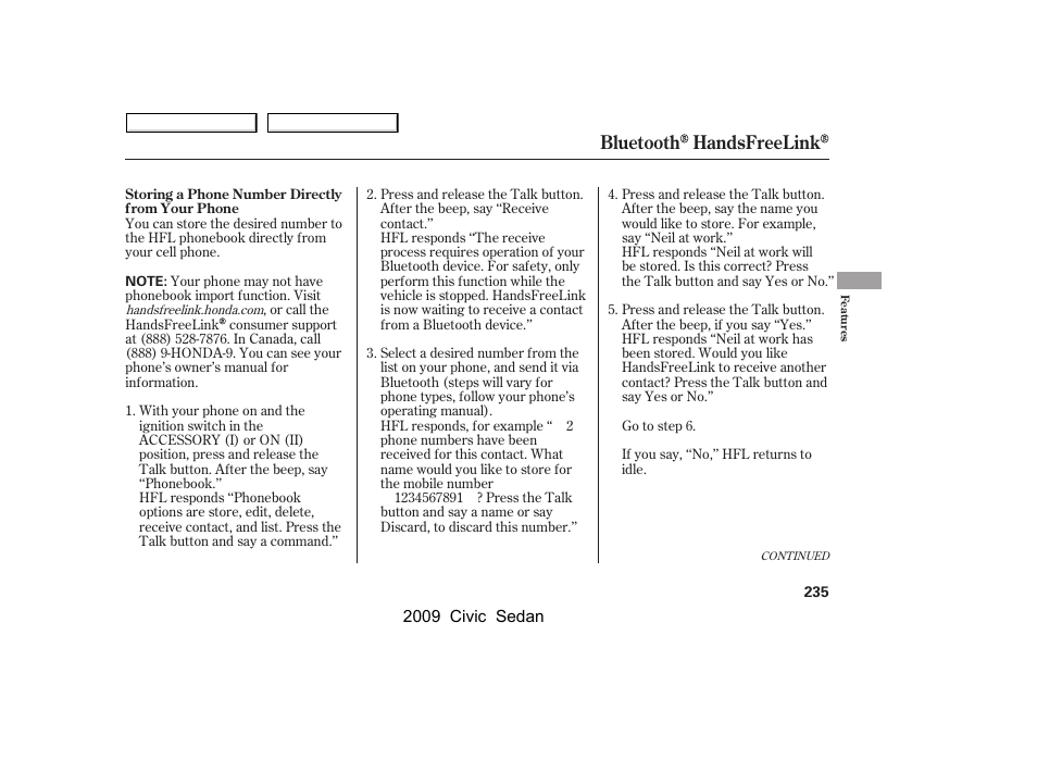 Bluetooth handsfreelink | HONDA 2009 Civic Sedan User Manual | Page 238 / 396