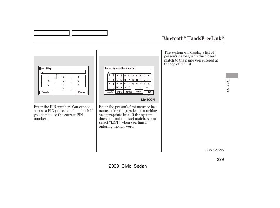 Bluetooth handsfreelink, 2009 civic sedan | HONDA 2009 Civic Sedan User Manual | Page 242 / 396