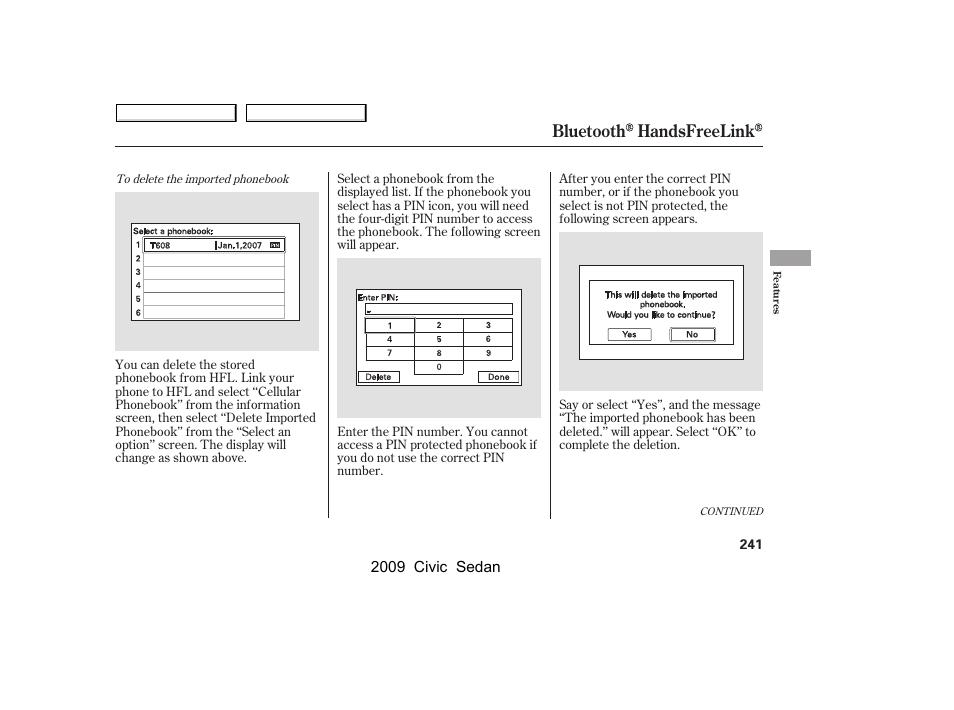 Bluetooth handsfreelink | HONDA 2009 Civic Sedan User Manual | Page 244 / 396