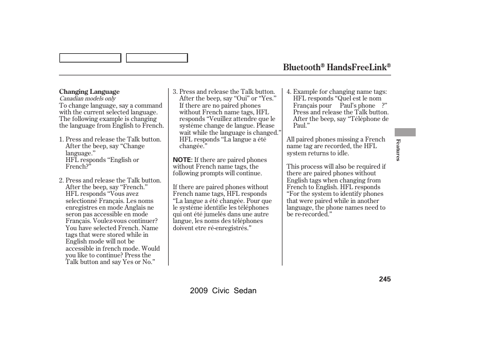 Bluetooth handsfreelink | HONDA 2009 Civic Sedan User Manual | Page 248 / 396