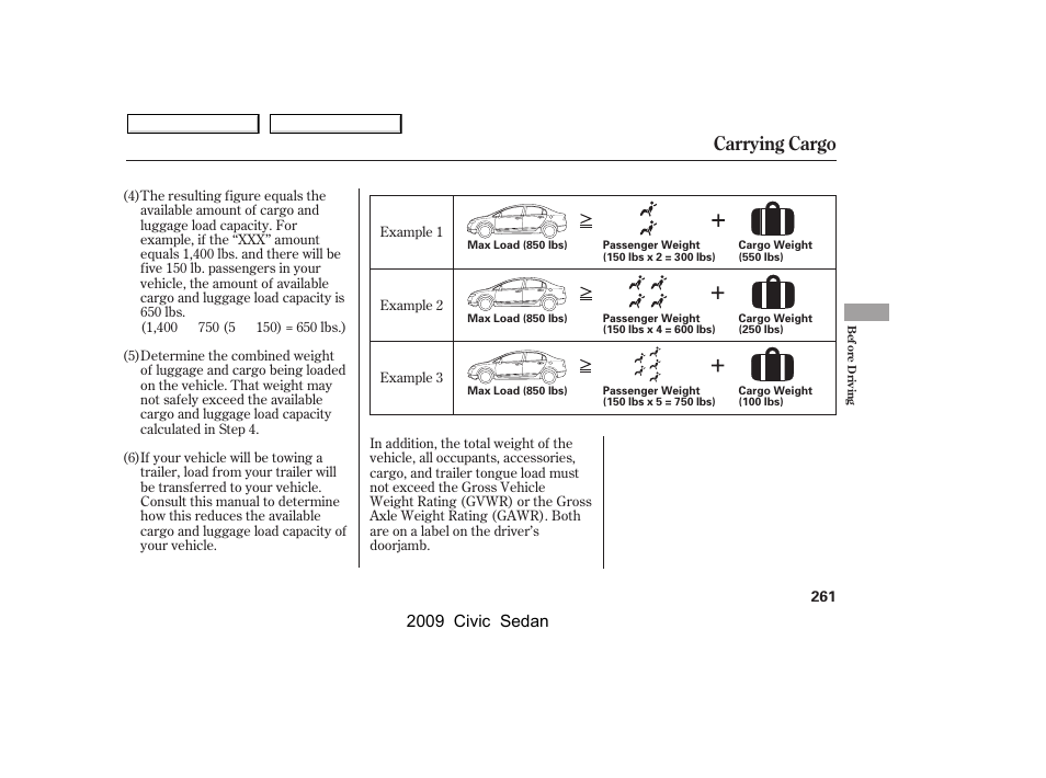 Carrying cargo, 2009 civic sedan | HONDA 2009 Civic Sedan User Manual | Page 264 / 396