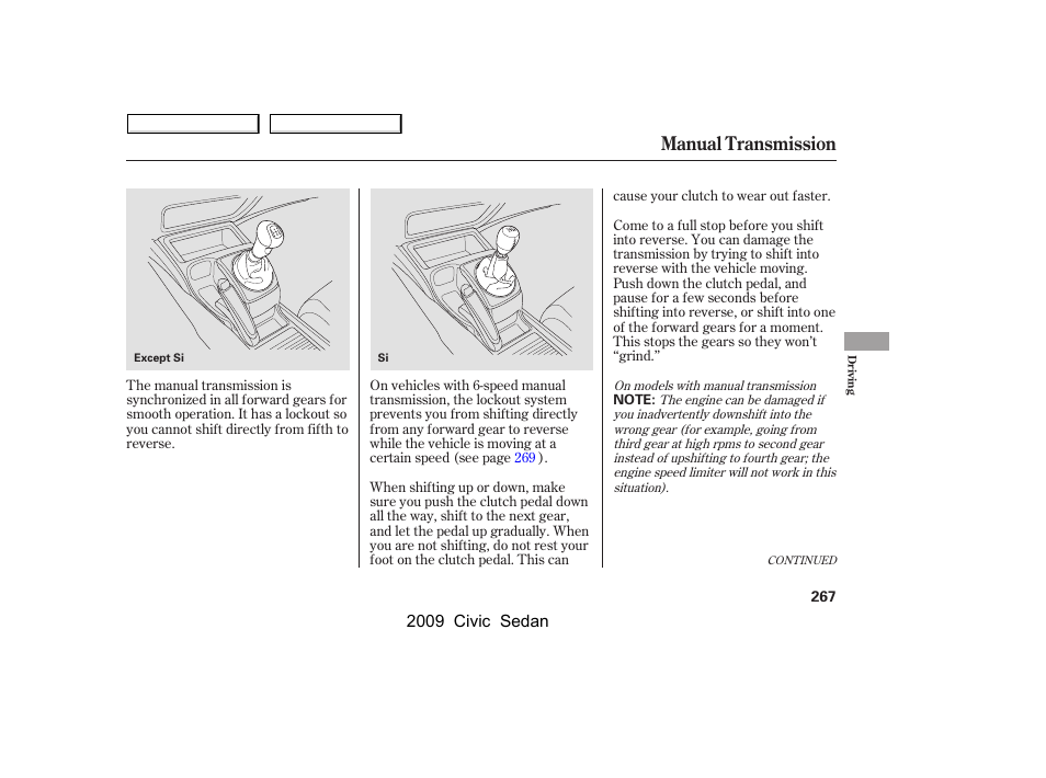 Manual transmission, 2009 civic sedan | HONDA 2009 Civic Sedan User Manual | Page 270 / 396