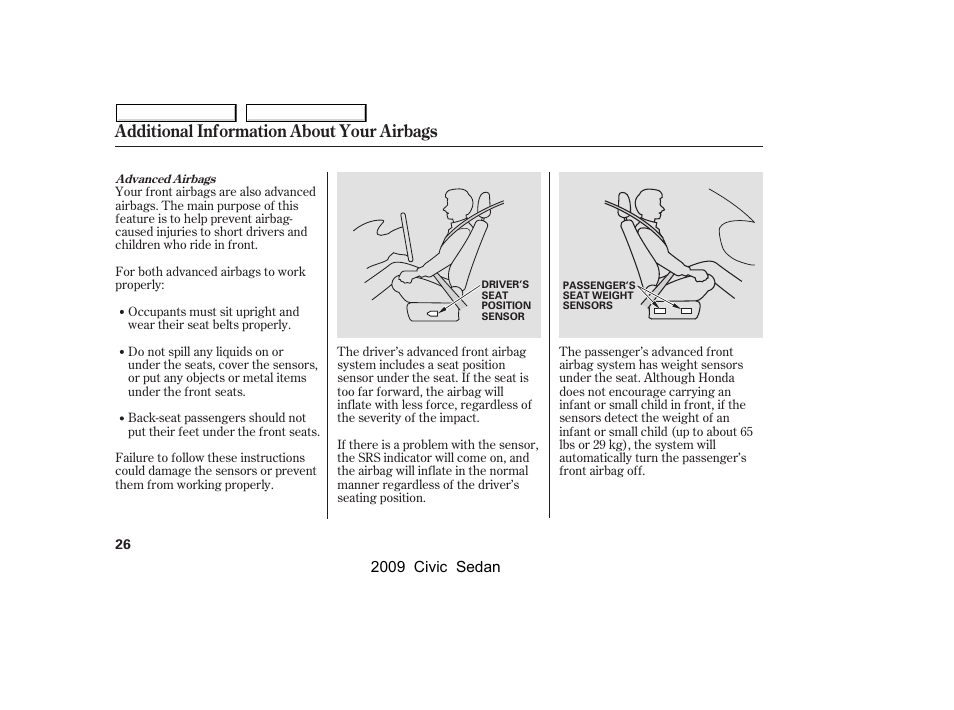 Additional information about your airbags | HONDA 2009 Civic Sedan User Manual | Page 29 / 396