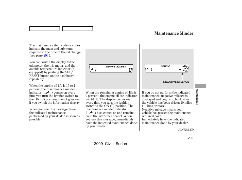 Maintenance minder | HONDA 2009 Civic Sedan User Manual | Page 296 / 396
