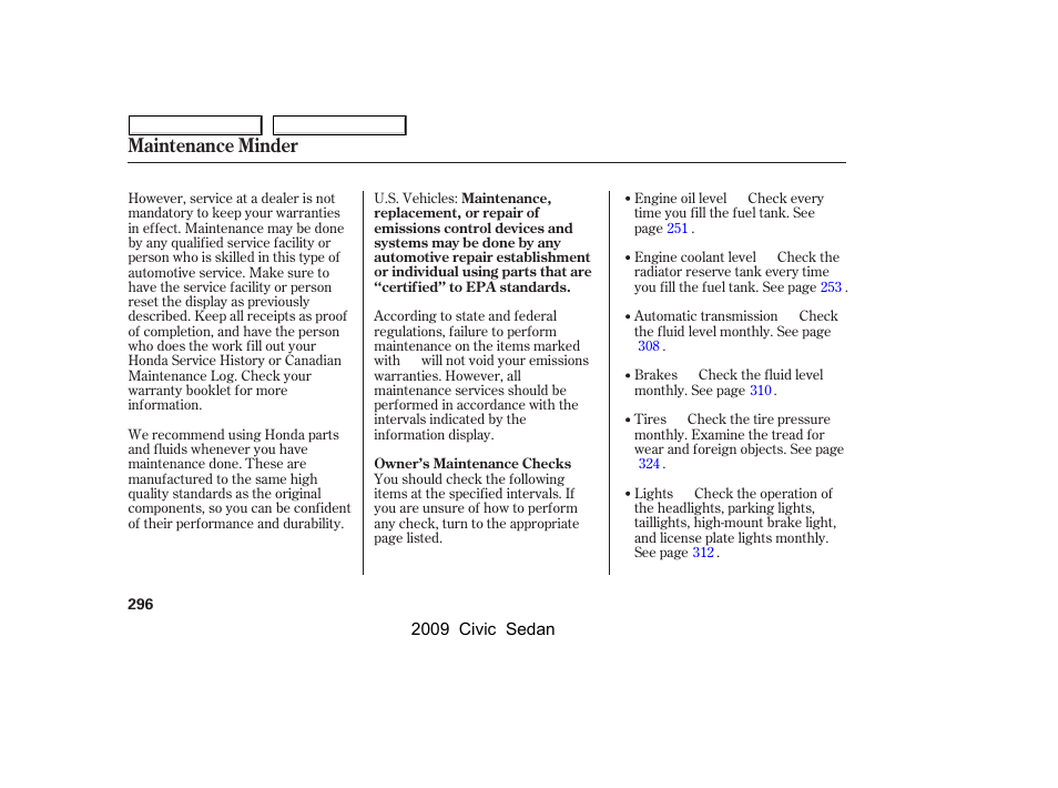 Maintenance minder | HONDA 2009 Civic Sedan User Manual | Page 299 / 396