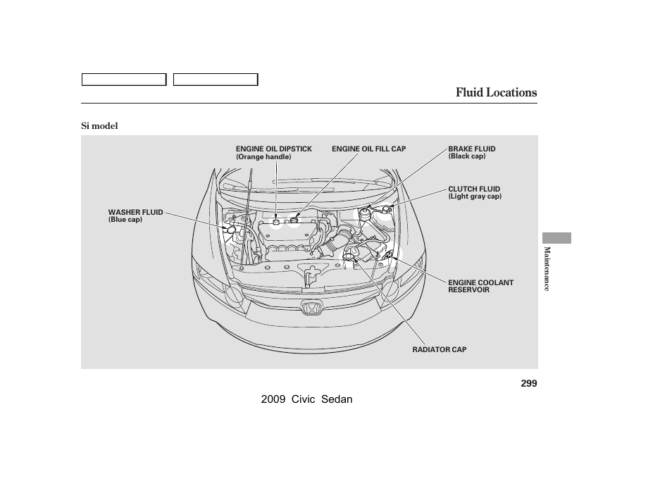 Fluid locations, 2009 civic sedan | HONDA 2009 Civic Sedan User Manual | Page 302 / 396