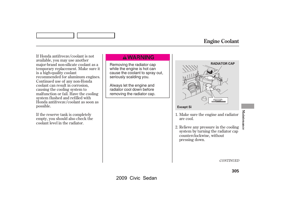 Engine coolant | HONDA 2009 Civic Sedan User Manual | Page 308 / 396