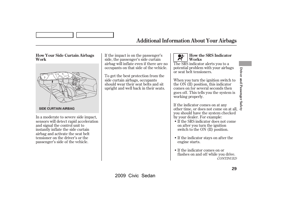 Additional information about your airbags, 2009 civic sedan | HONDA 2009 Civic Sedan User Manual | Page 32 / 396
