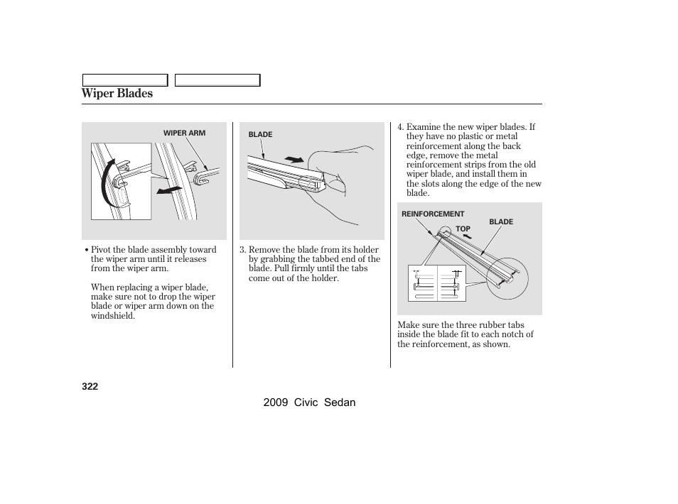 Wiper blades | HONDA 2009 Civic Sedan User Manual | Page 325 / 396