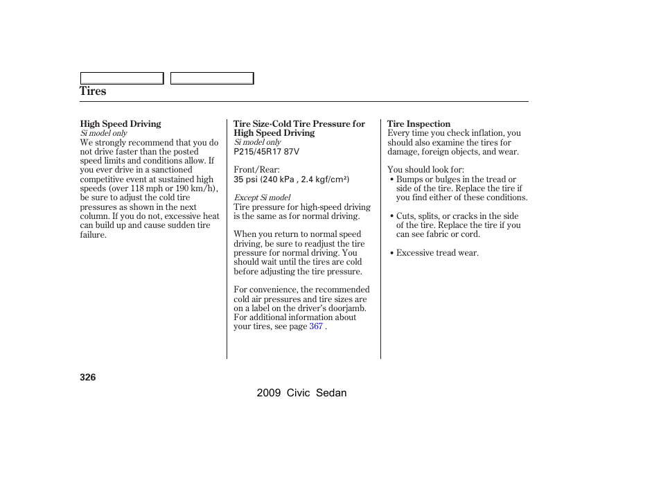 Tires | HONDA 2009 Civic Sedan User Manual | Page 329 / 396