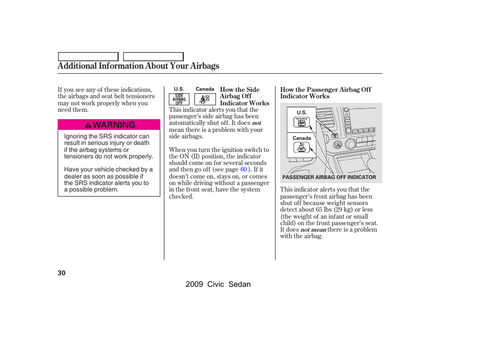 Additional information about your airbags | HONDA 2009 Civic Sedan User Manual | Page 33 / 396