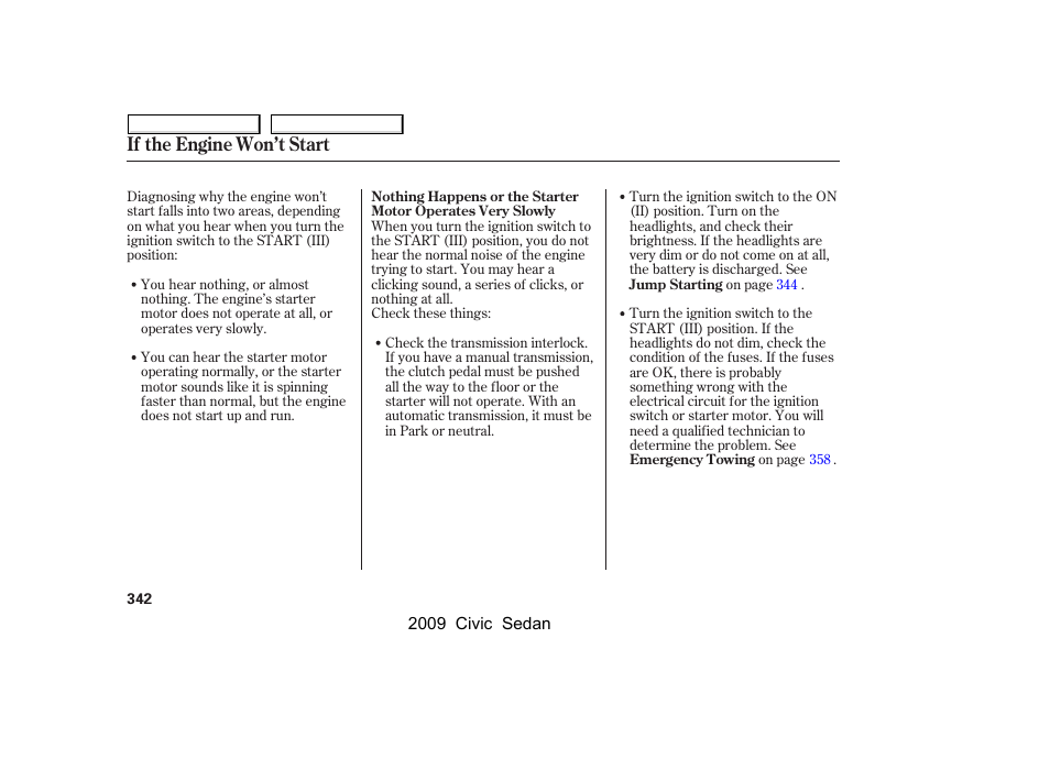 If the engine won’t start | HONDA 2009 Civic Sedan User Manual | Page 345 / 396