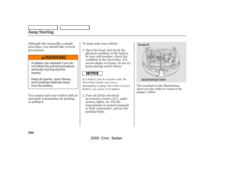 Jump starting | HONDA 2009 Civic Sedan User Manual | Page 347 / 396