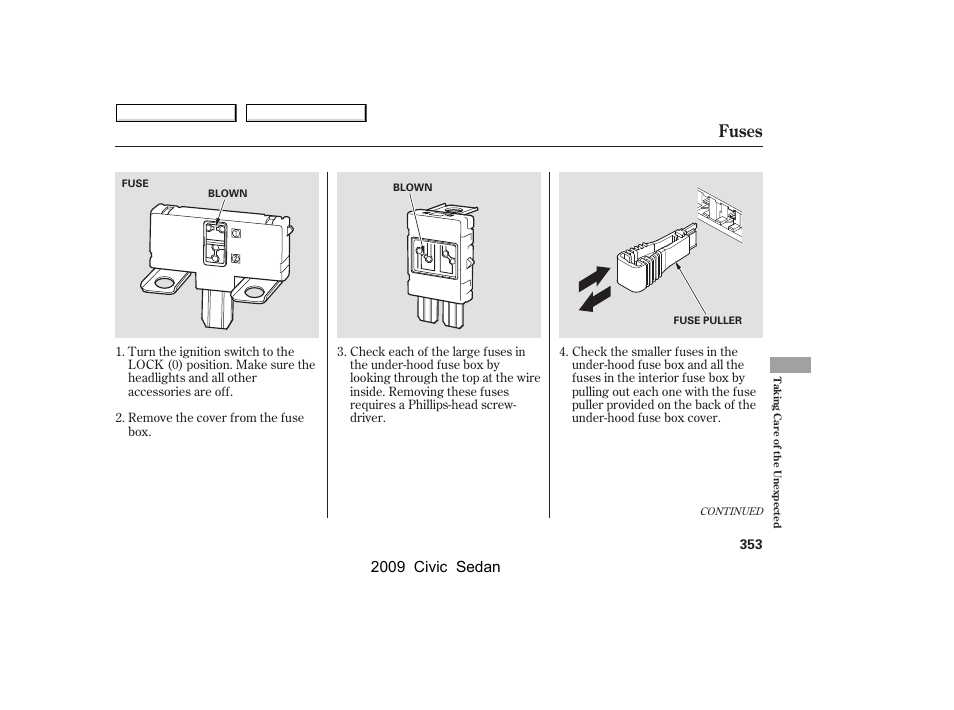 Fuses, 2009 civic sedan | HONDA 2009 Civic Sedan User Manual | Page 356 / 396