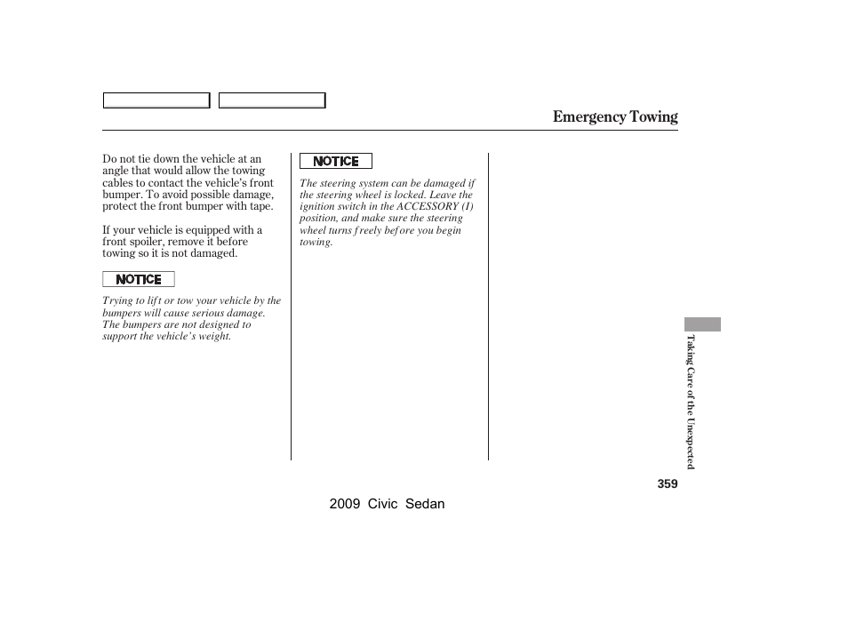 Emergency towing, 2009 civic sedan | HONDA 2009 Civic Sedan User Manual | Page 362 / 396