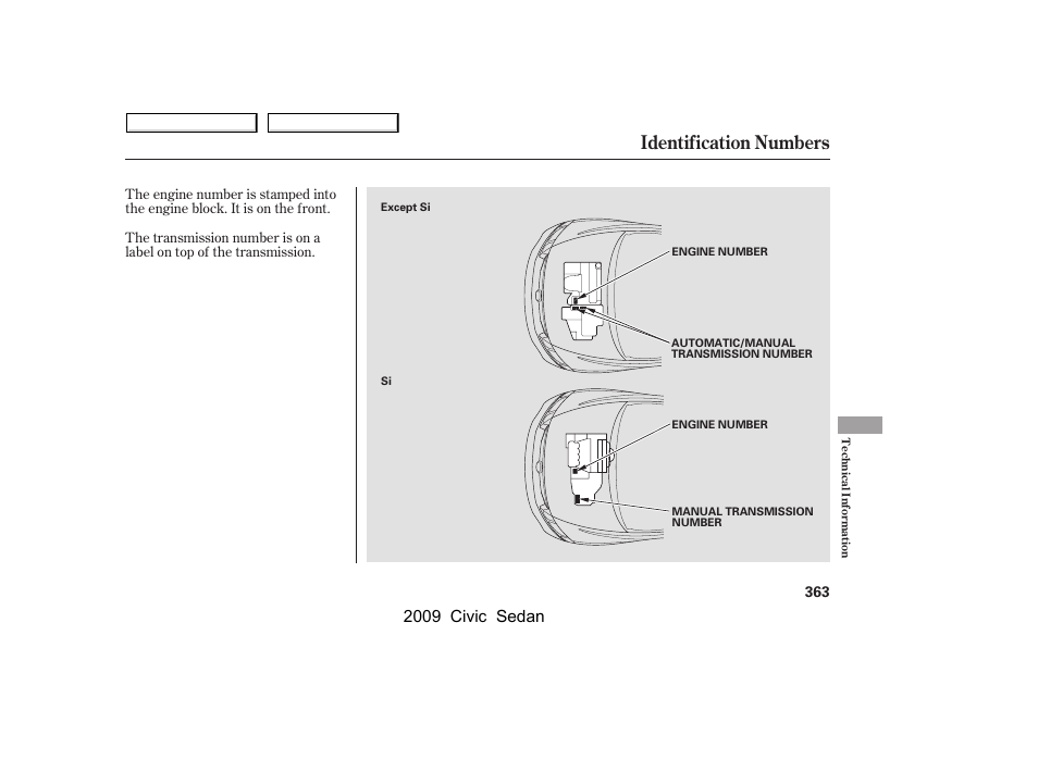 Identification numbers, 2009 civic sedan | HONDA 2009 Civic Sedan User Manual | Page 366 / 396