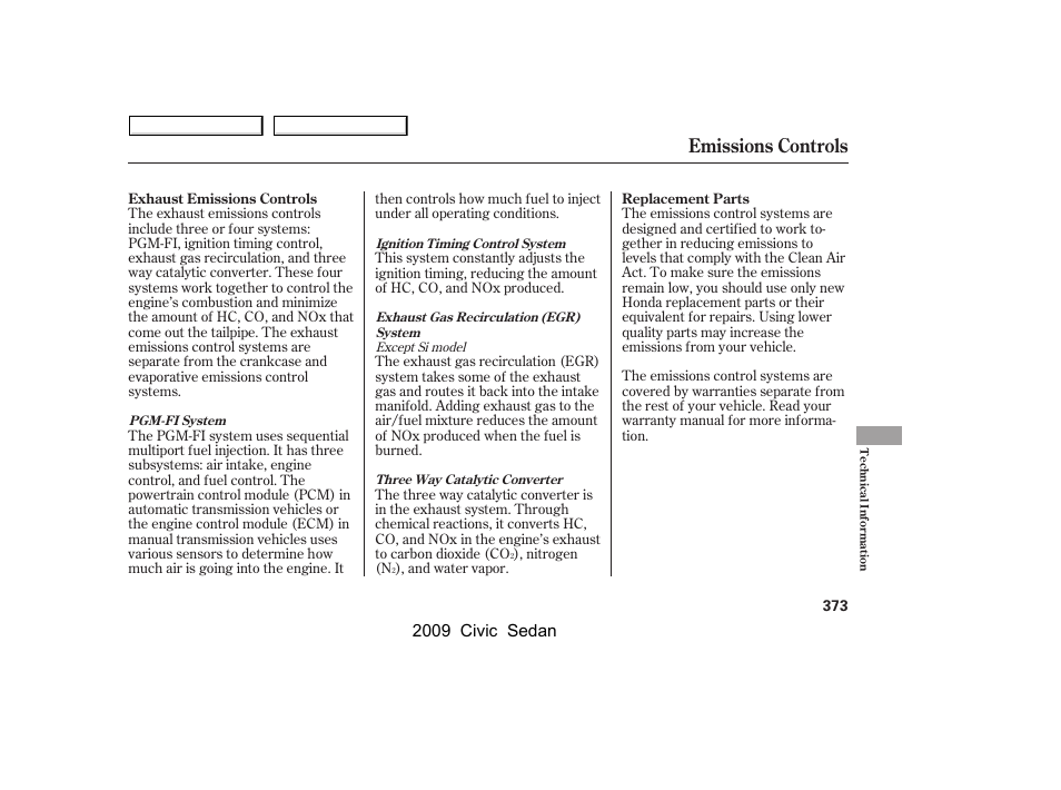 Emissions controls, 2009 civic sedan | HONDA 2009 Civic Sedan User Manual | Page 376 / 396