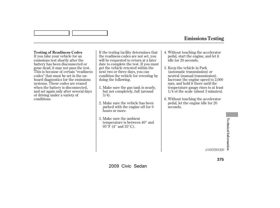 Emissions testing | HONDA 2009 Civic Sedan User Manual | Page 378 / 396