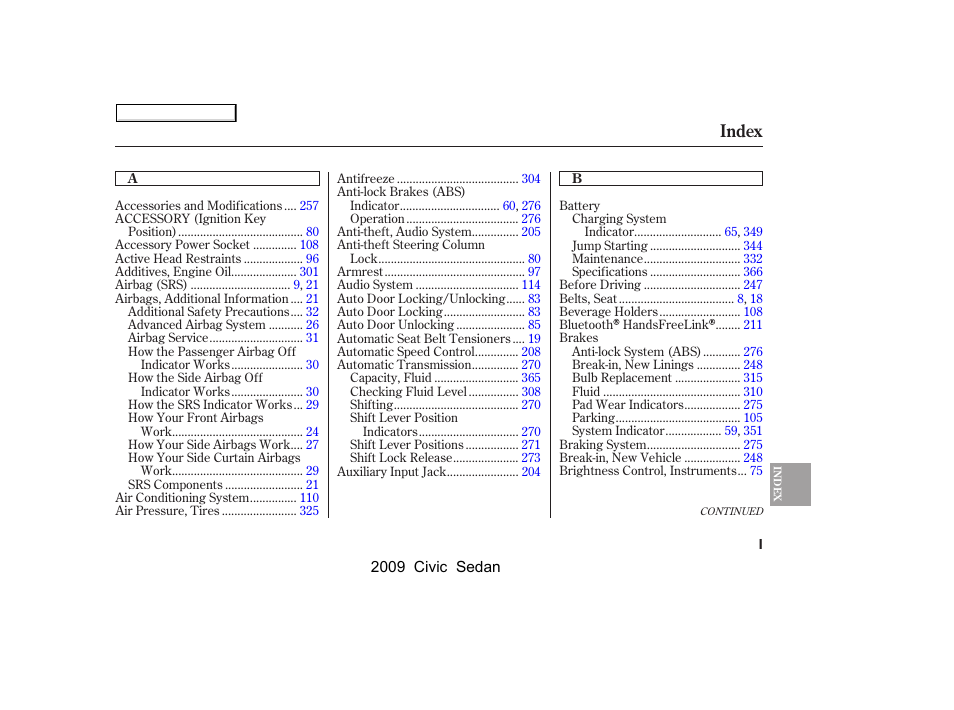 Index | HONDA 2009 Civic Sedan User Manual | Page 386 / 396