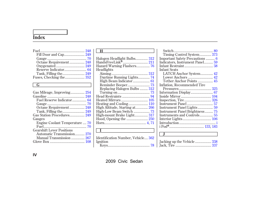Index | HONDA 2009 Civic Sedan User Manual | Page 389 / 396