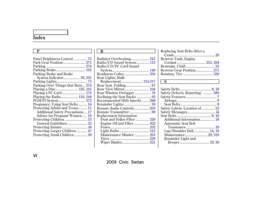 Index | HONDA 2009 Civic Sedan User Manual | Page 391 / 396