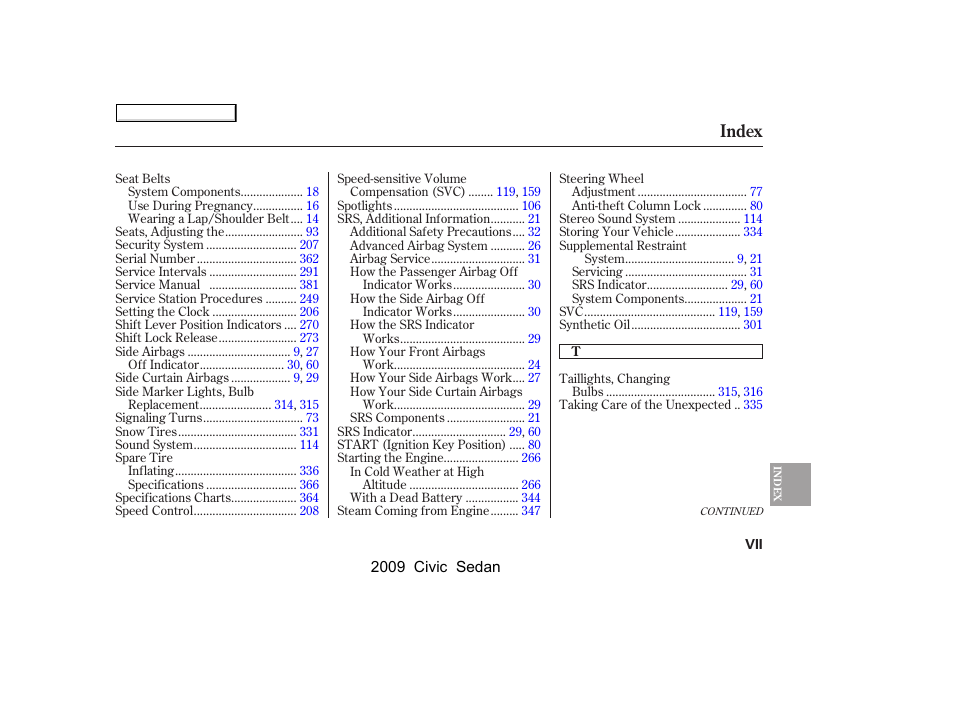 Index | HONDA 2009 Civic Sedan User Manual | Page 392 / 396