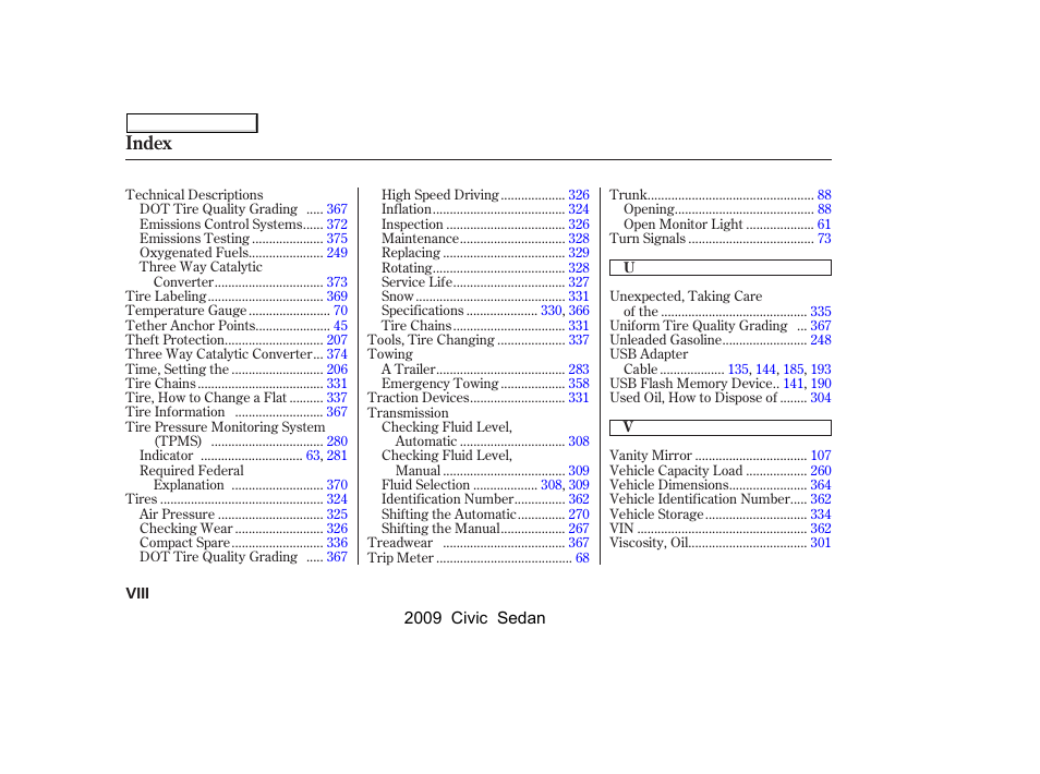 Index | HONDA 2009 Civic Sedan User Manual | Page 393 / 396