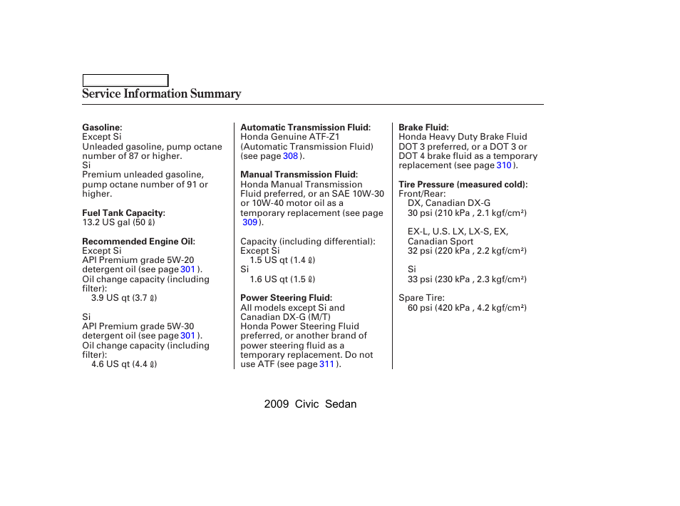 Service information summary | HONDA 2009 Civic Sedan User Manual | Page 395 / 396