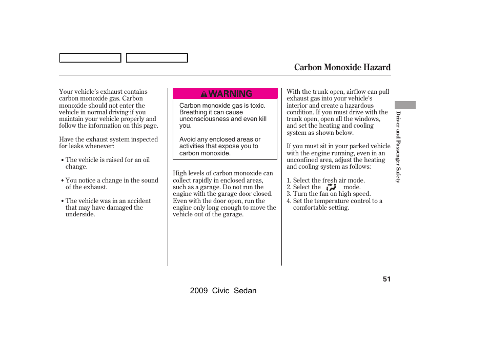 Carbon monoxide hazard | HONDA 2009 Civic Sedan User Manual | Page 54 / 396