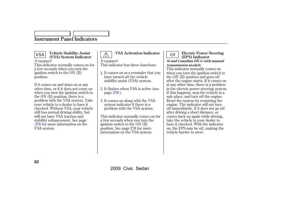 Instrument panel indicators | HONDA 2009 Civic Sedan User Manual | Page 65 / 396