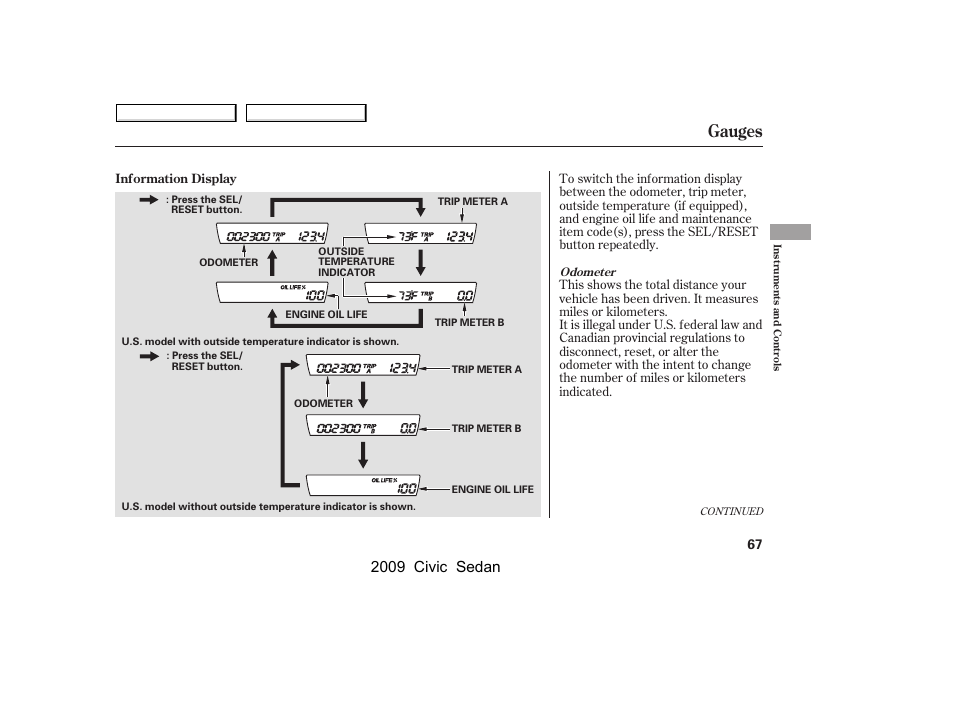 Gauges, 2009 civic sedan | HONDA 2009 Civic Sedan User Manual | Page 70 / 396