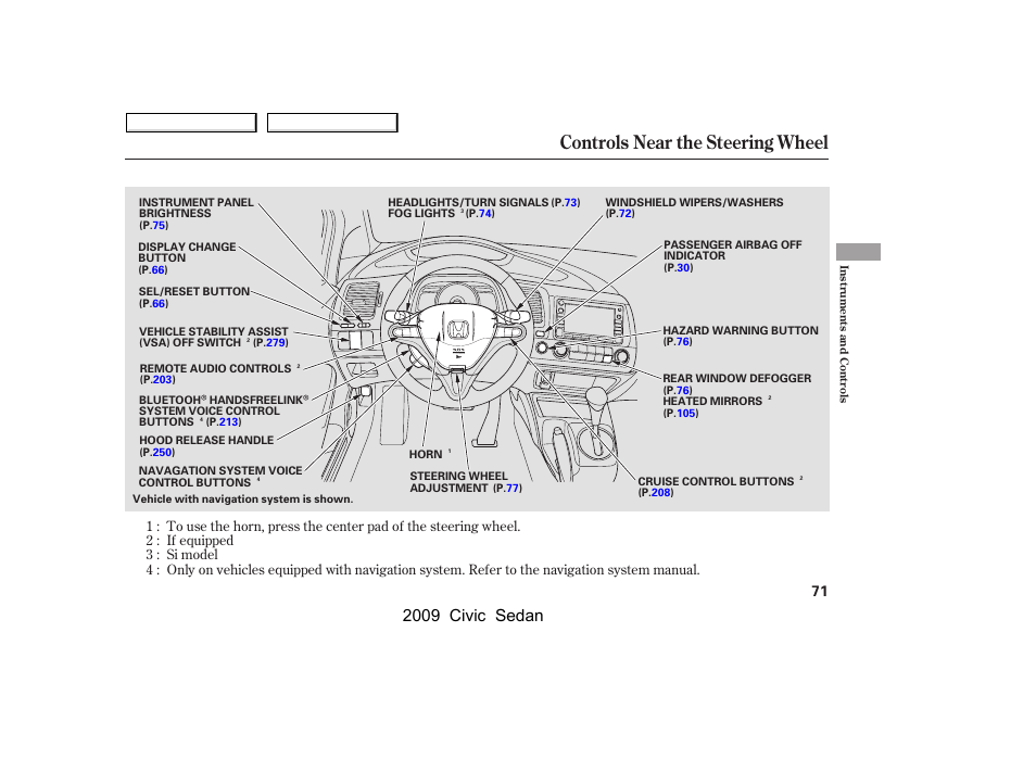 Controls near the steering wheel, 2009 civic sedan | HONDA 2009 Civic Sedan User Manual | Page 74 / 396