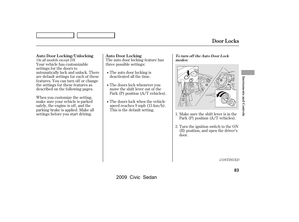 Door locks, 2009 civic sedan | HONDA 2009 Civic Sedan User Manual | Page 86 / 396