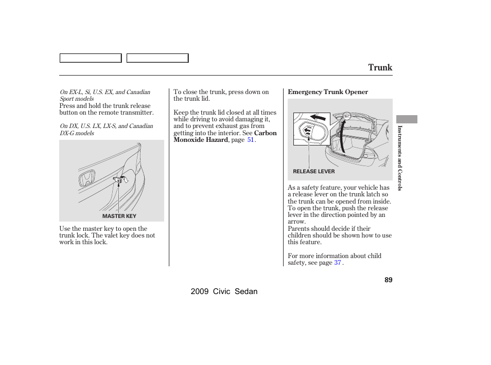 Trunk, 2009 civic sedan | HONDA 2009 Civic Sedan User Manual | Page 92 / 396