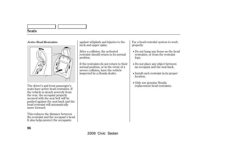 Seats | HONDA 2009 Civic Sedan User Manual | Page 99 / 396