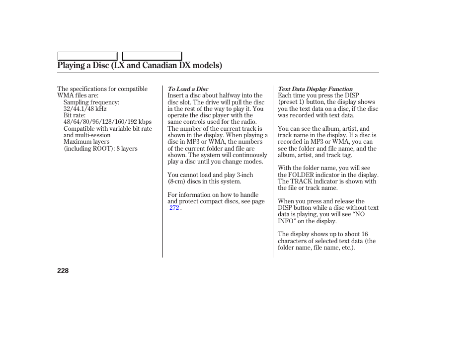 Playing a disc (lx and canadian dx models) | HONDA 2008 Odyssey User Manual | Page 231 / 524