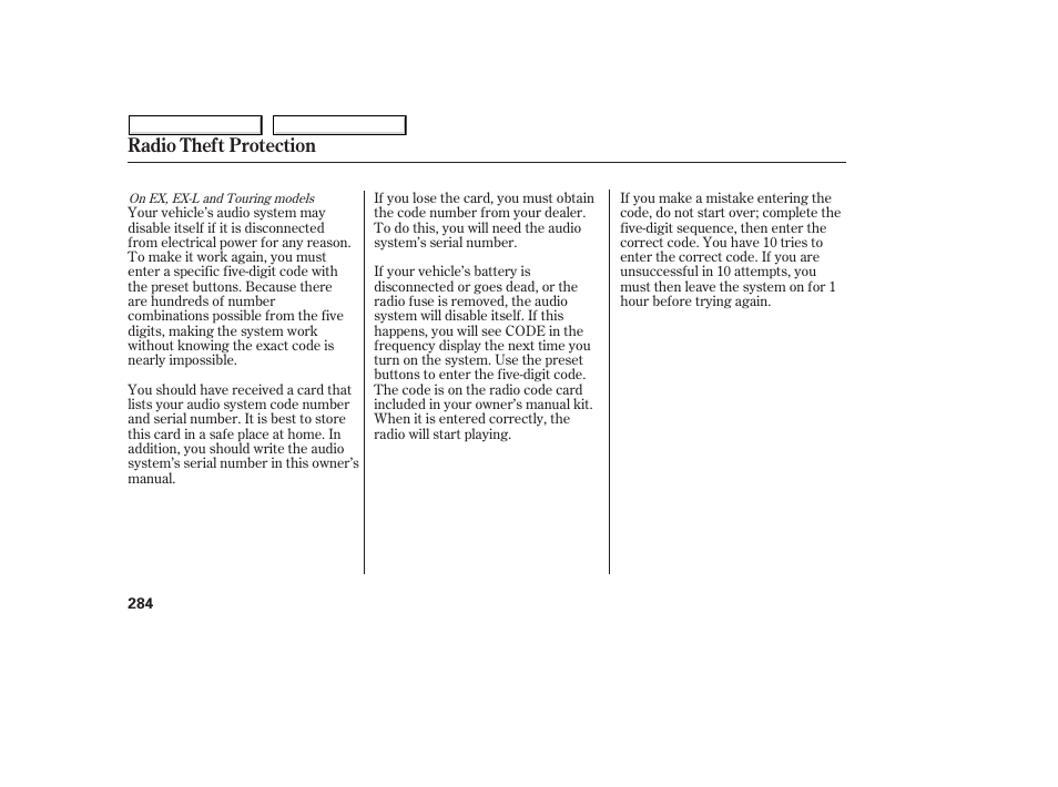 Radio theft protection | HONDA 2008 Odyssey User Manual | Page 287 / 524