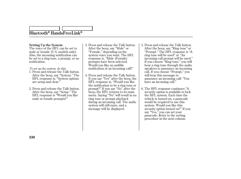 Bluetooth handsfreelink | HONDA 2008 Odyssey User Manual | Page 333 / 524