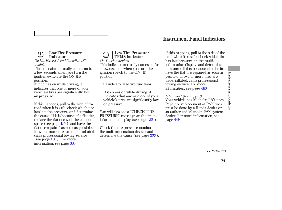 Instrument panel indicators | HONDA 2008 Odyssey User Manual | Page 74 / 524