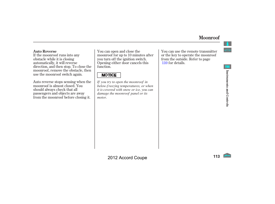 Moonroof, 2012 accord coupe | HONDA 2012 Accord Coupe User Manual | Page 116 / 454