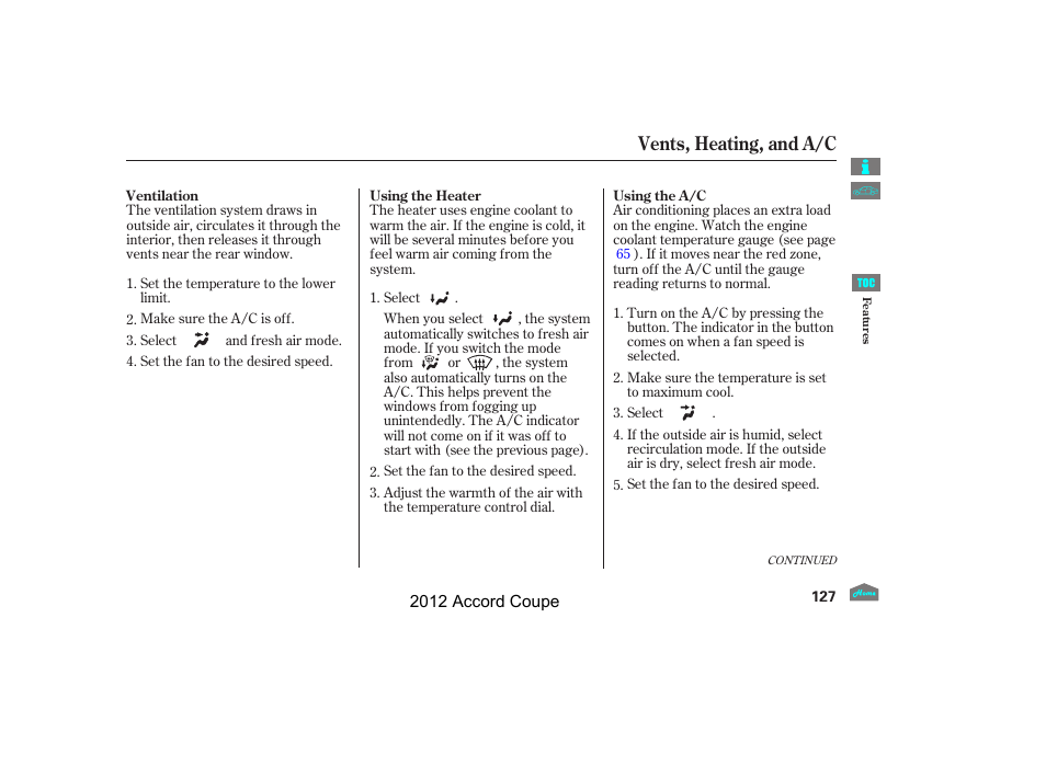 Vents, heating, and a/c | HONDA 2012 Accord Coupe User Manual | Page 130 / 454