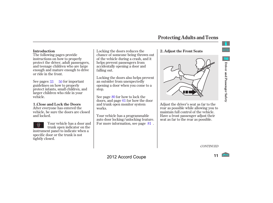 Protecting adults and teens | HONDA 2012 Accord Coupe User Manual | Page 14 / 454
