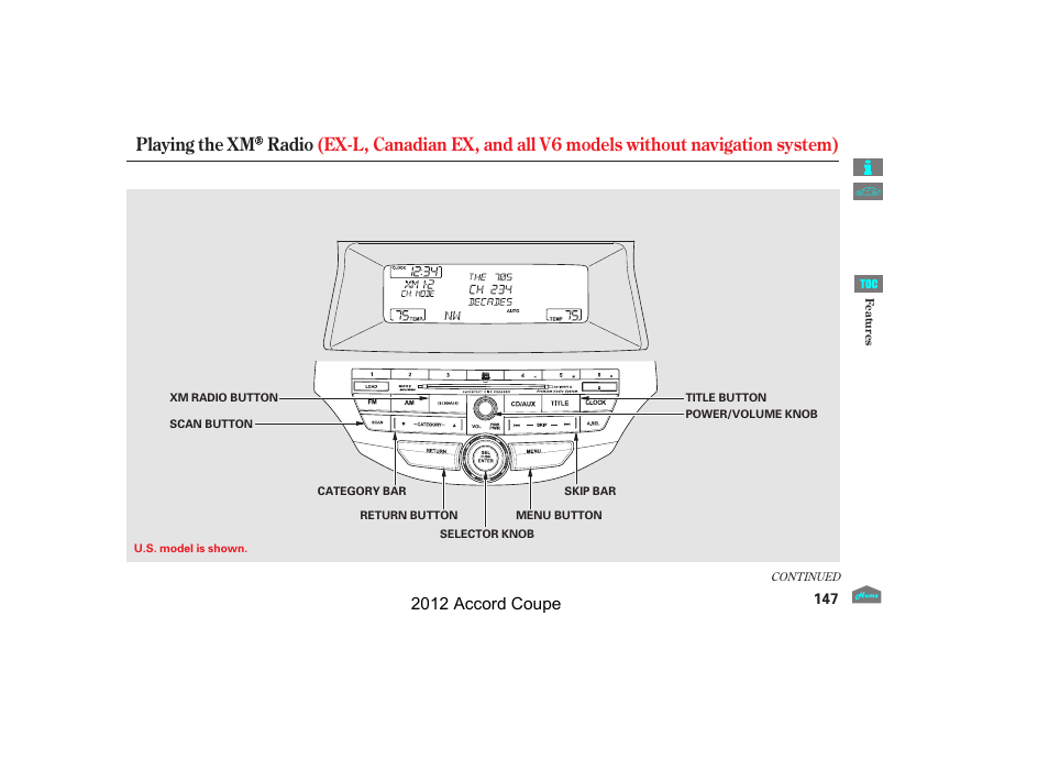 Playing the xm radio, 2012 accord coupe | HONDA 2012 Accord Coupe User Manual | Page 150 / 454