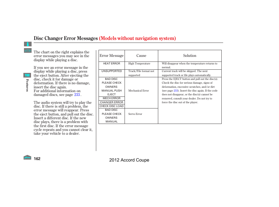 Disc changer error messages, 2012 accord coupe | HONDA 2012 Accord Coupe User Manual | Page 165 / 454