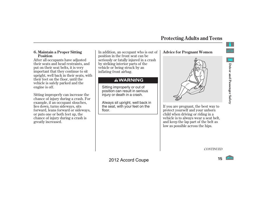 Protecting adults and teens, 2012 accord coupe | HONDA 2012 Accord Coupe User Manual | Page 18 / 454